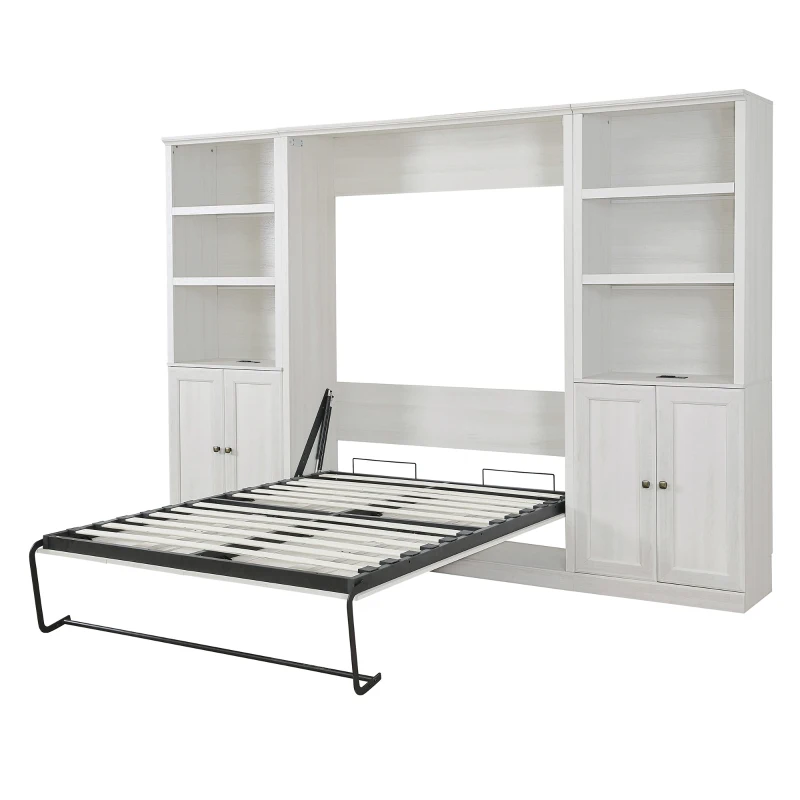 Vinsetto Full Size Murphy Wall Bed with Dual Piston System, 2 Side Cabinets with USB Ports and Shelves, Space-Saving Design, Sturdy Metal Frame, 800 lbs Capacity, Rustic White