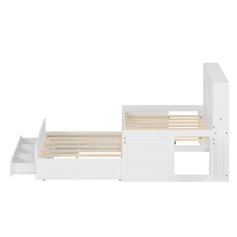 Twin Size Captain DayBed with Trundle, Storage Bookcase Headboard, and Three Drawers, MDF and Solid Pine Wood Frame, White