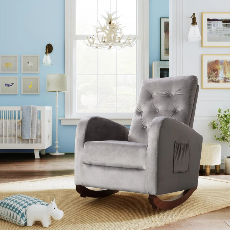 Baby Room High Back Rocking Chair, Comfortable Nursery Rocker with Padded Seat, Modern Armchair with Cotton Fabric and Rubber Wood Legs, 26" x 40" x 37", Grey