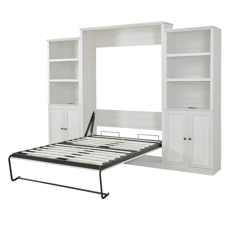 Vinsetto Queen Size Murphy Wall Bed with Dual Piston System, 2 Side Cabinets with Adjustable Shelves and Built-in USB Ports, Space-Saving Design, 800 lbs Weight Capacity, Rustic White