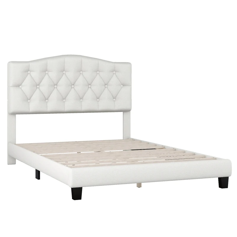 Vinsetto Upholstered Platform Bed with Saddle Curved Headboard and Diamond Tufted Details, Full Size, MDF and Solid Wood Frame, No Box Spring Required, Beige