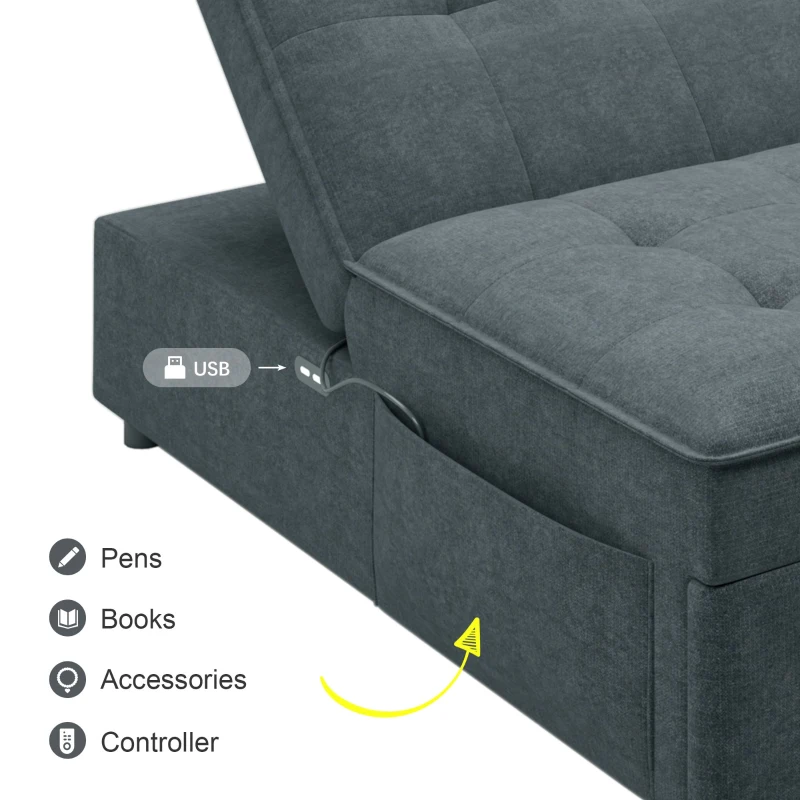 4-in-1 Sofa Bed Chair, Multi-Function Folding Ottoman Bed with Storage Pocket and USB Port, 5-Level Adjustable Backrest, 72.5" x 26.75" x 18.0", Dark Blue