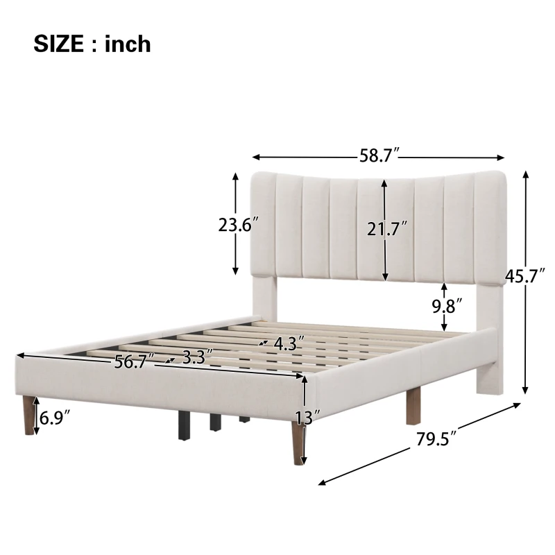 Vinsetto Upholstered Platform Bed Frame with Vertical Channel Tufted Headboard, No Box Spring Needed, Full Size, Durable MDF and Solid Wood Frame, 700 lbs Weight Capacity, Cream