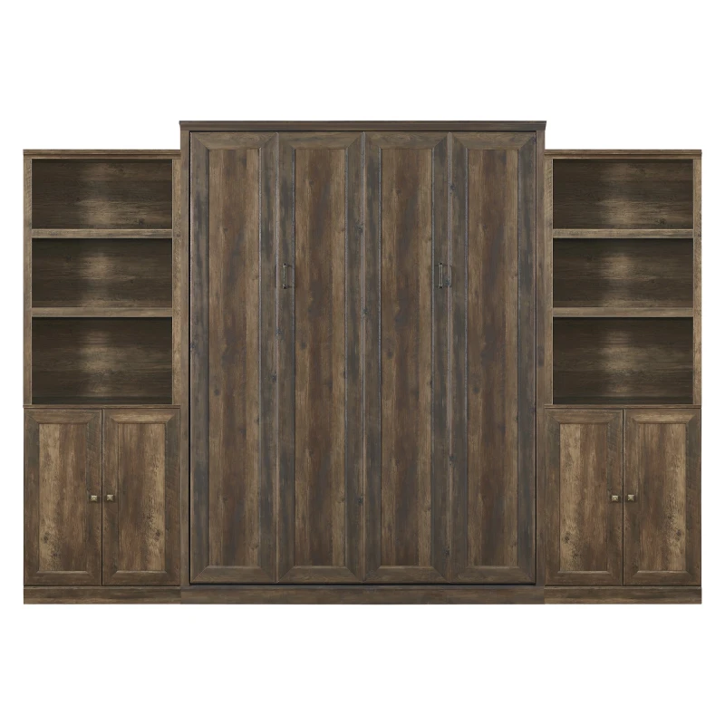 Vinsetto Queen Size Murphy Wall Bed with Dual Piston System, 2 Side Cabinets with Adjustable Shelves and Built-in USB Ports, Space-Saving Design, 800 lbs Weight Capacity, Brown