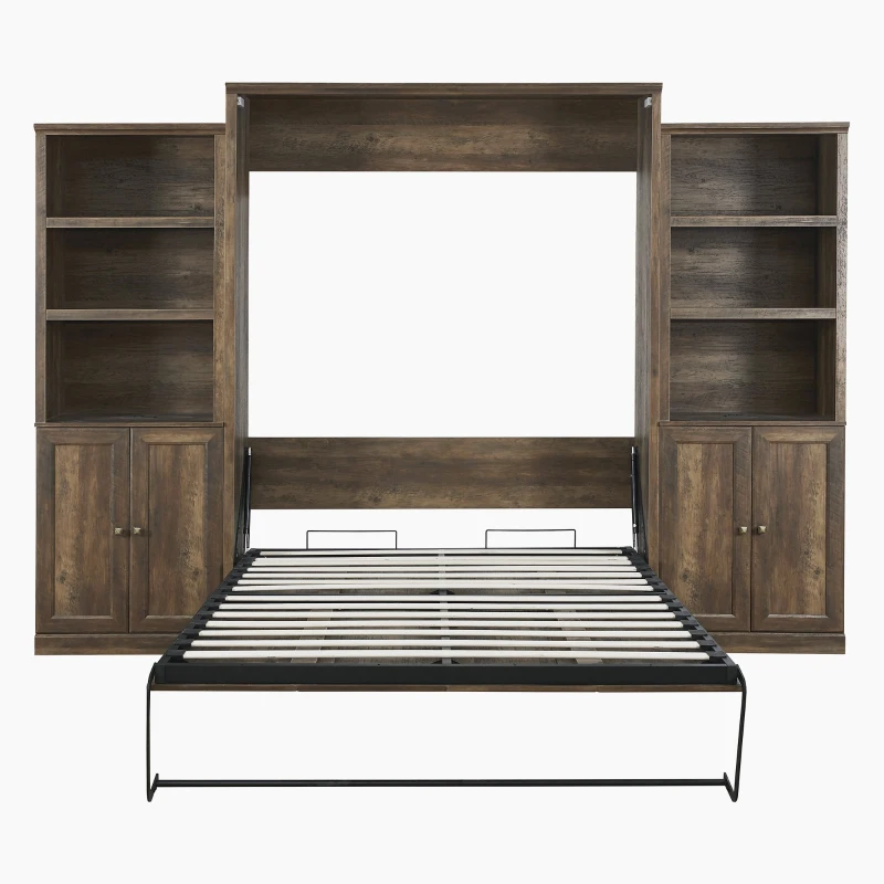 Vinsetto Queen Size Murphy Wall Bed with Dual Piston System, 2 Side Cabinets with Adjustable Shelves and Built-in USB Ports, Space-Saving Design, 800 lbs Weight Capacity, Brown