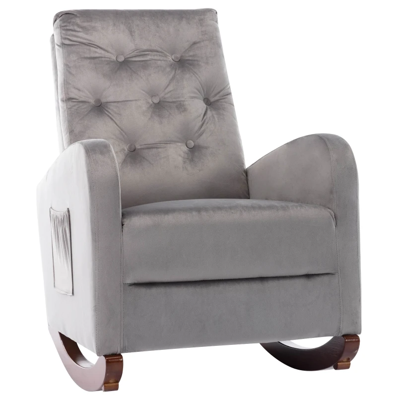 Baby Room High Back Rocking Chair, Comfortable Nursery Rocker with Padded Seat, Modern Armchair with Cotton Fabric and Rubber Wood Legs, 26" x 40" x 37", Grey