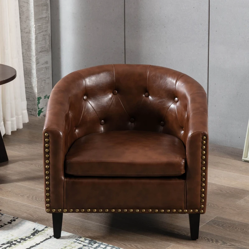 PU Leather Tufted Barrel Chair, Chesterfield-Inspired Design, Rubber Wood Legs, 28.3" x 24.0" x 27.5", Dark Brown
