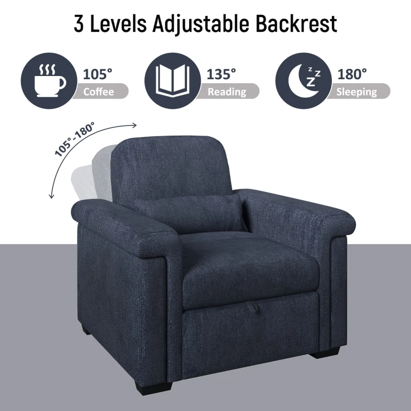 3-in-1 Convertible Sleeper Chair Sofa Bed with Adjustable Backrest, Pull-Out Couch with Pillow, Wood & Steel Frame, Dark Blue