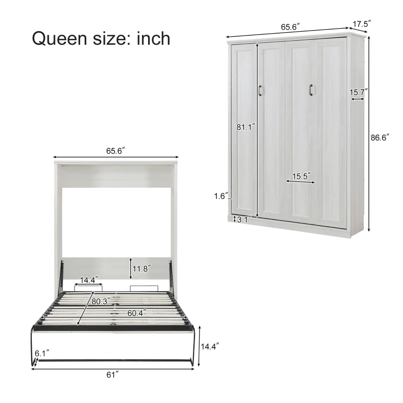 Vinsetto Queen Size Murphy Wall Bed with Side Cabinet, Dual Piston System, Built-in USB Ports, and Ample Storage Shelves, Rustic White