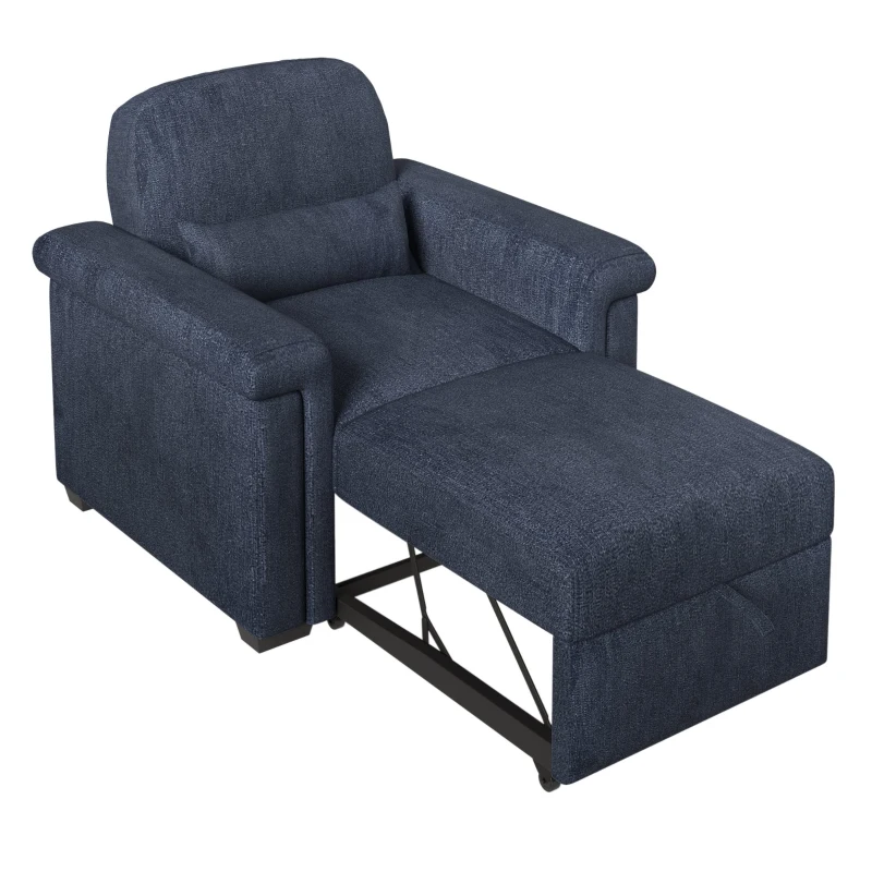 3-in-1 Convertible Sleeper Chair Sofa Bed with Adjustable Backrest, Pull-Out Couch with Pillow, Wood & Steel Frame, Dark Blue
