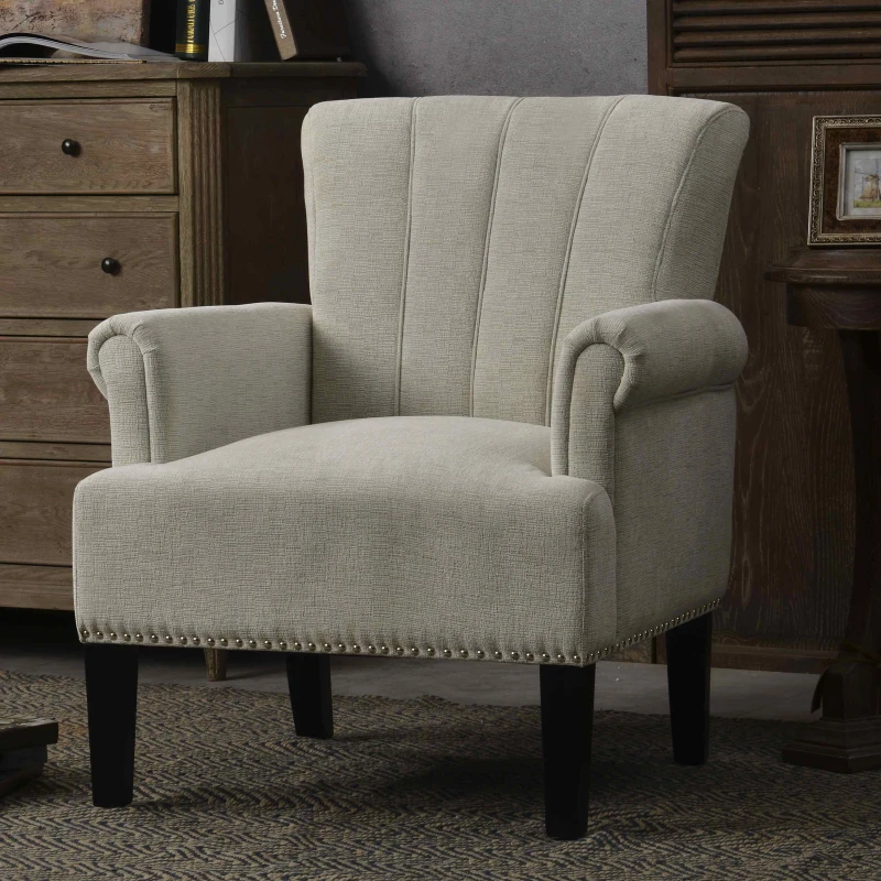 Accent Rivet Tufted Polyester Armchair, Stain-Resistant Fabric, Foam Cushion, Rubber Wood Legs, Cream