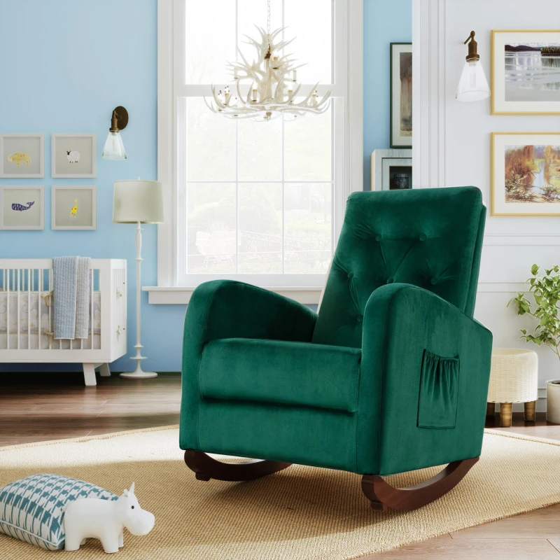 Baby Room High Back Rocking Chair, Comfortable Nursery Rocker with Padded Seat, Modern Armchair with Cotton Fabric and Rubber Wood Legs,40.0" x 26.0" x 37.0", Green