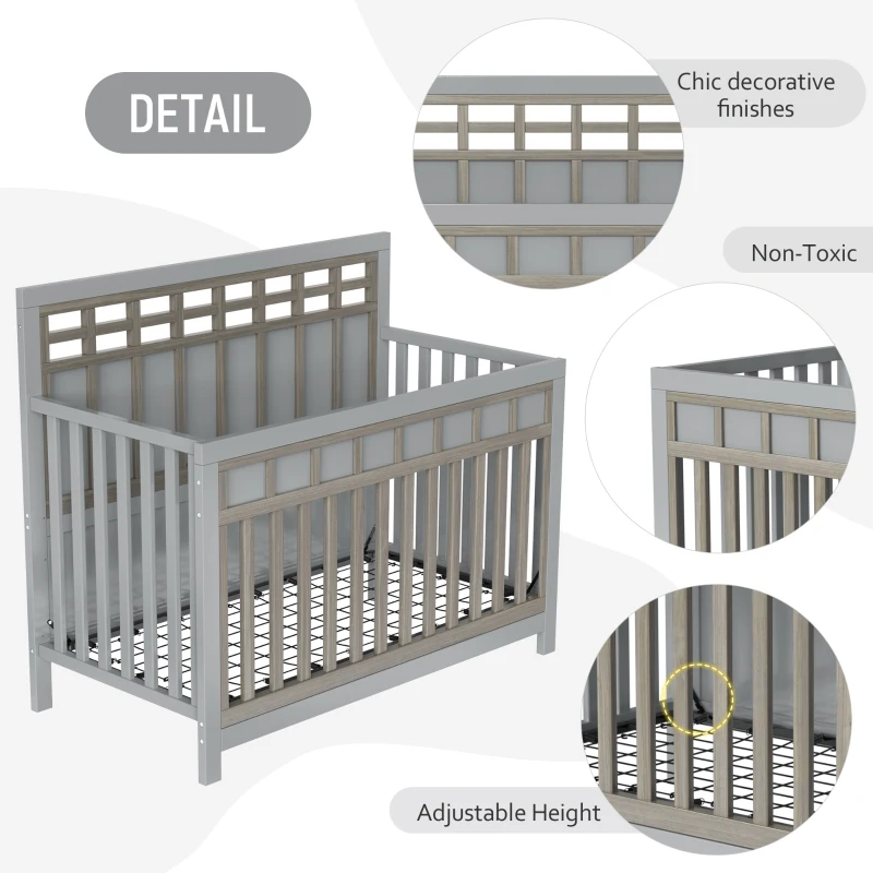 Certified Baby Safe Crib, Pine Solid Wood, Non-Toxic Finish, Adjustable Mattress Height, JPMA Certified, 53.8" L x 27" W x 45.1" H, Gray