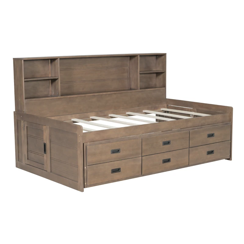 Vinsetto Twin Size Captain DayBed with Trundle, Storage Bookcase Headboard, and Three Drawers for Kids and Teens, MDF and Solid Pine Wood Frame, Walnut