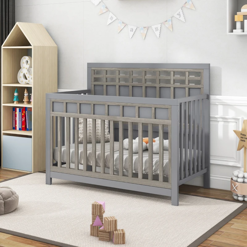 Certified Baby Safe Crib, Pine Solid Wood, Non-Toxic Finish, Adjustable Mattress Height, JPMA Certified, 53.8" L x 27" W x 45.1" H, Gray