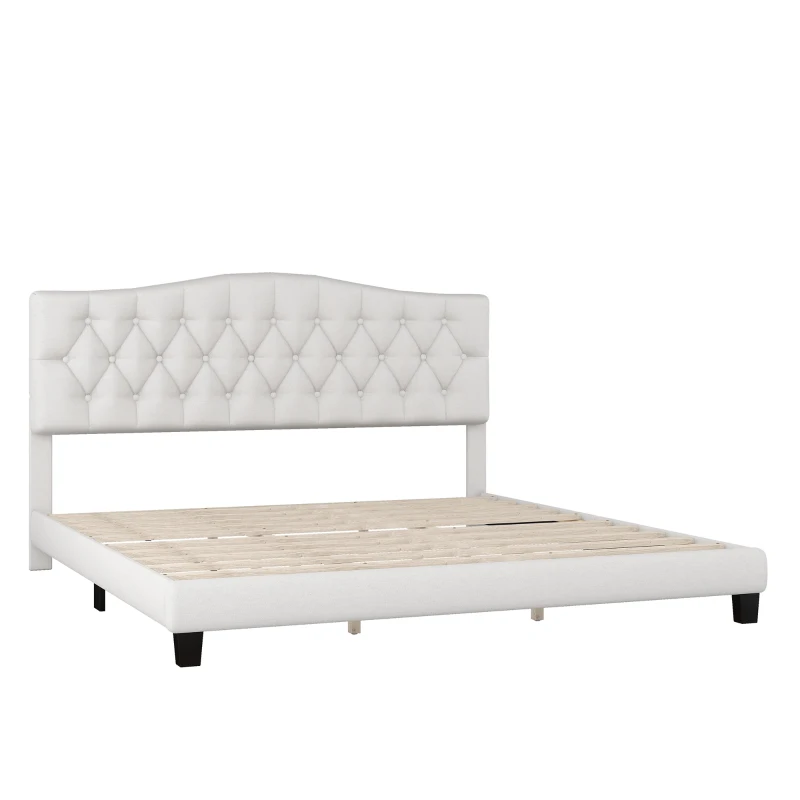 Upholstered Platform Bed with Saddle Curved Headboard and Diamond Tufted Details, King, Solid Wood Frame, No Box Spring Required, 84.25" x 79.13" x 46.46", Beige