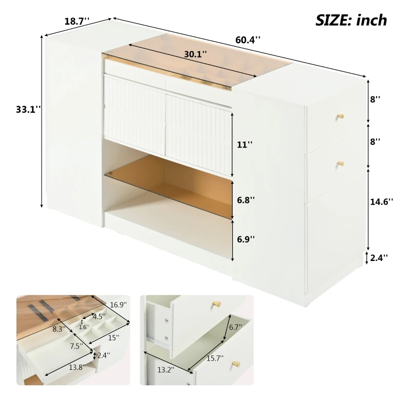 Modern Luxury Multi-Functional Island Vanity Dresser and Storage Cabinet with Glass Tabletop, 6 Drawers, and Display Shelf for Walk-in Wardrobe and Bedroom, 60.4"x18.7"x33.1", Cream White