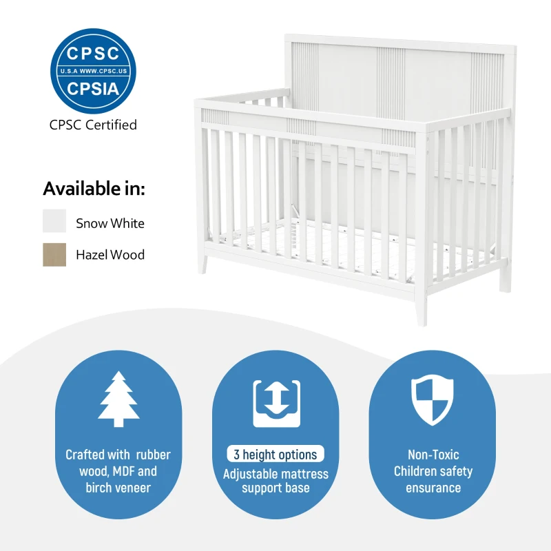 Certified Baby Safe Crib, Pine Solid Wood, Non-Toxic Finish, Adjustable Mattress Height, 53.8" x 27" x 45.1", White