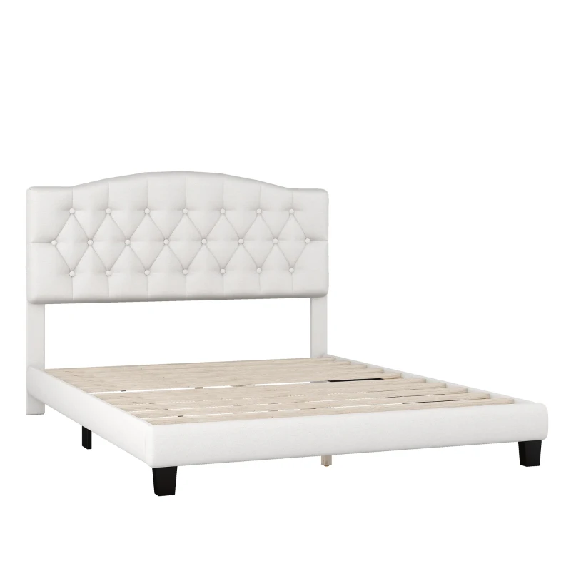 Upholstered Platform Bed with Saddle Curved Headboard and Diamond Tufted Details, Queen Size, MDF and Solid Wood Frame, No Box Spring Required, Beige