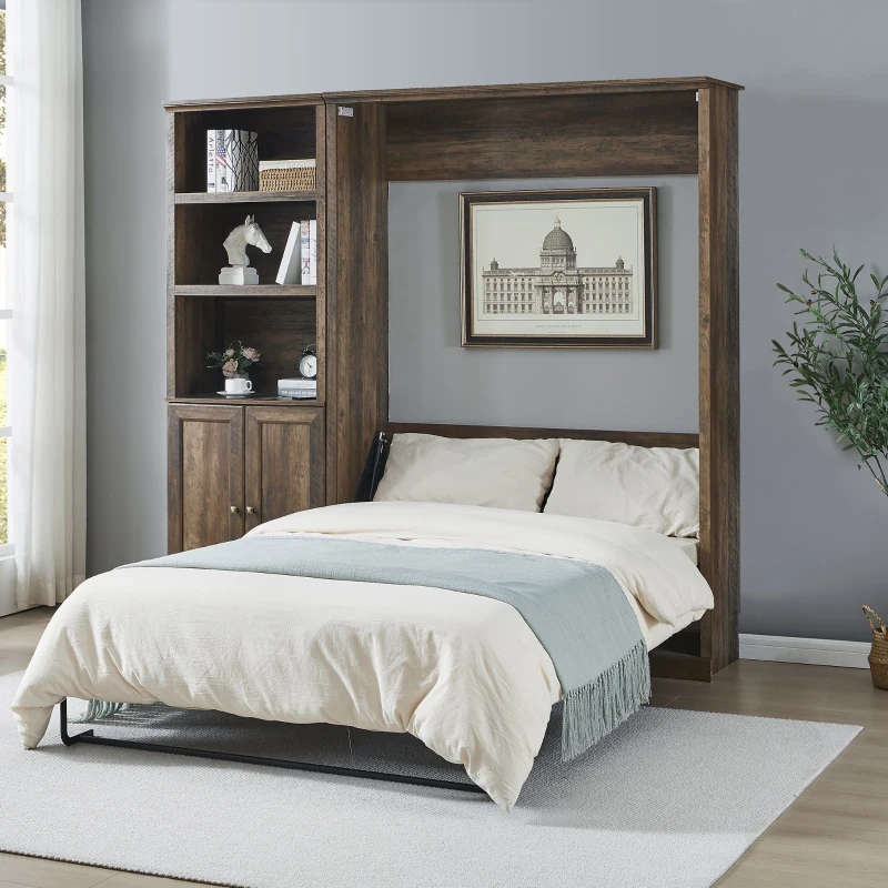Vinsetto Full Size Murphy Wall Bed with Side Cabinet, Dual Piston System, Built-in USB Ports, and Ample Storage Shelves, Brown