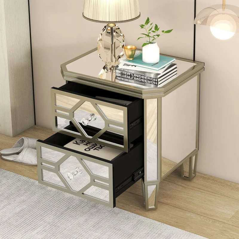 Elegant Mirrored 2-Drawer Side Table with Golden Lines, Crystal Handles, and Arrow-Shape Legs for Living Room, Hallway, Entryway, 19.7" x 15.7" x 21.7", Silver