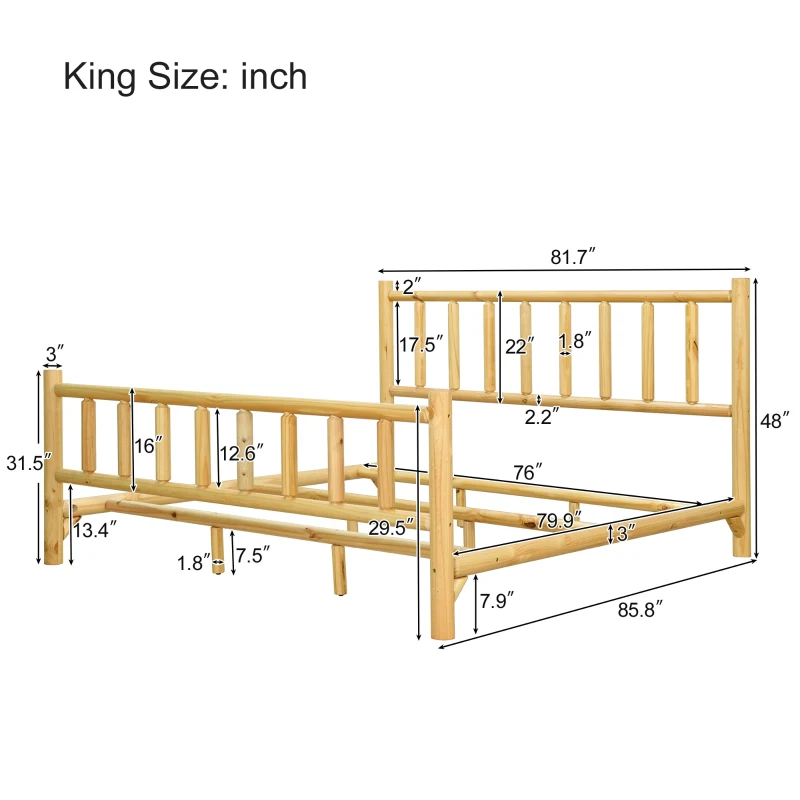 Vinsetto Farmhouse Log Bed Frame King, Rustic Solid Pine Cylinder Construction, Fits Mattresses and Box Springs, Natural Finish, Natural