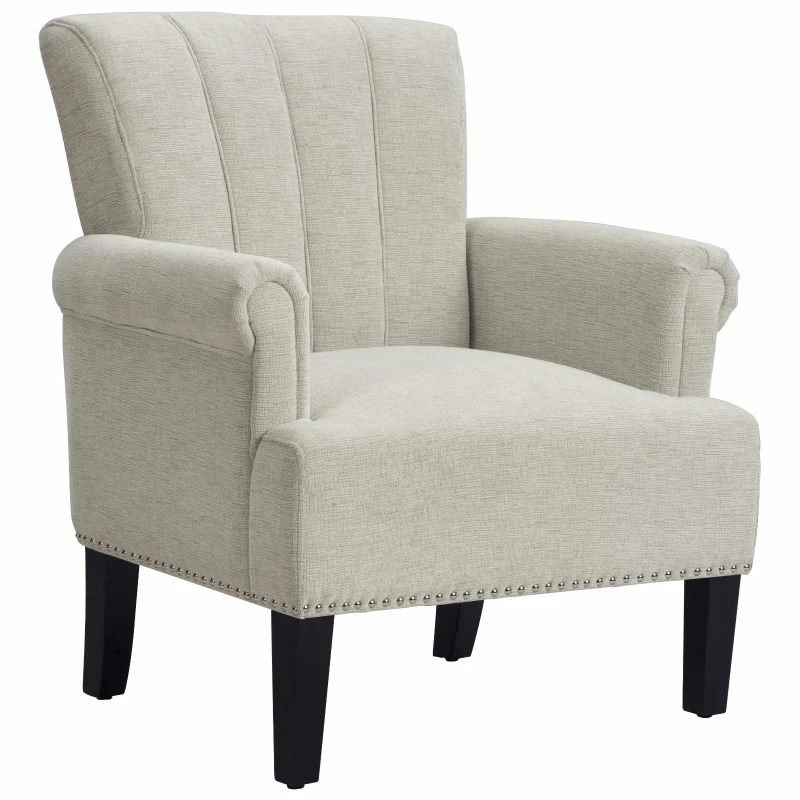 Accent Rivet Tufted Polyester Armchair, Stain-Resistant Fabric, Foam Cushion, Rubber Wood Legs, Cream