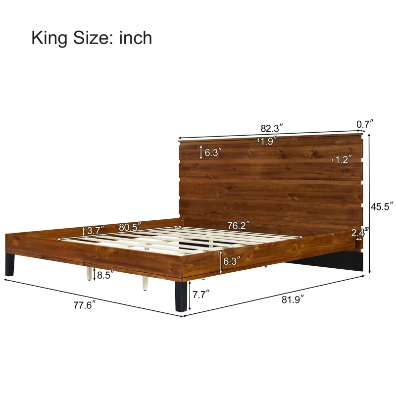 Vinsetto Mid-Century Modern Solid Wood King Bed Frame with Six-Piece Headboard, No Box Spring Needed, Easy Assembly, Brown