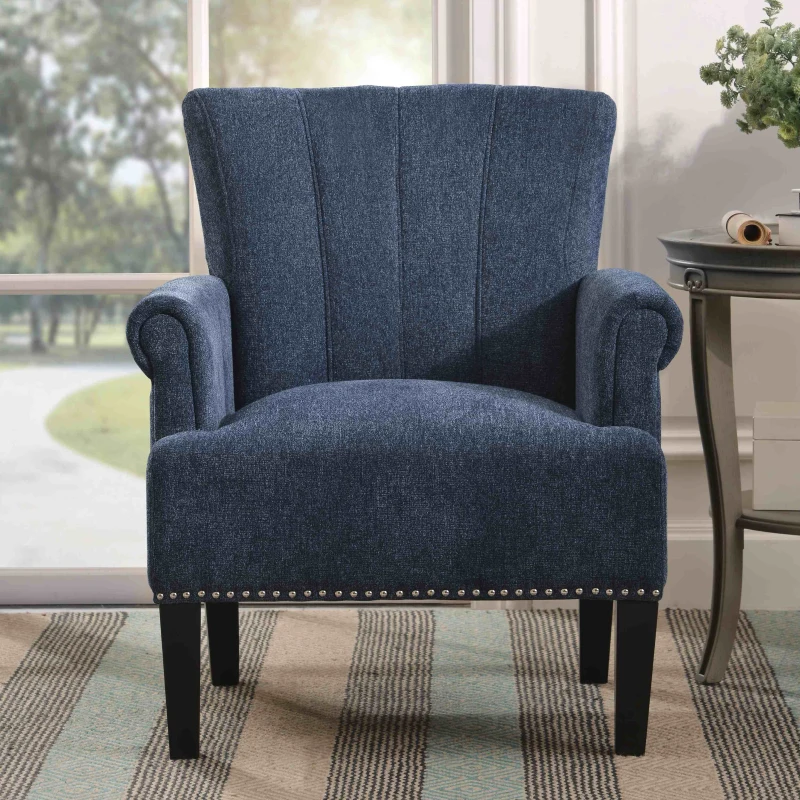 Accent Rivet Tufted Armchair, 100% Polyester Fabric, Foam Fill, Rubber Wood Legs, Navy