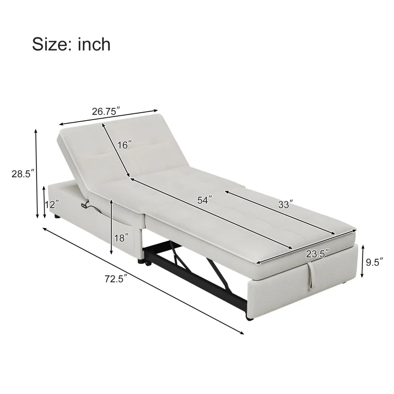 4-in-1 Sofa Bed Chair, Multi-Function Folding Ottoman Bed with Storage Pocket and USB Port, 5-Level Adjustable Backrest, 72.5"x26.75"x18.0", White
