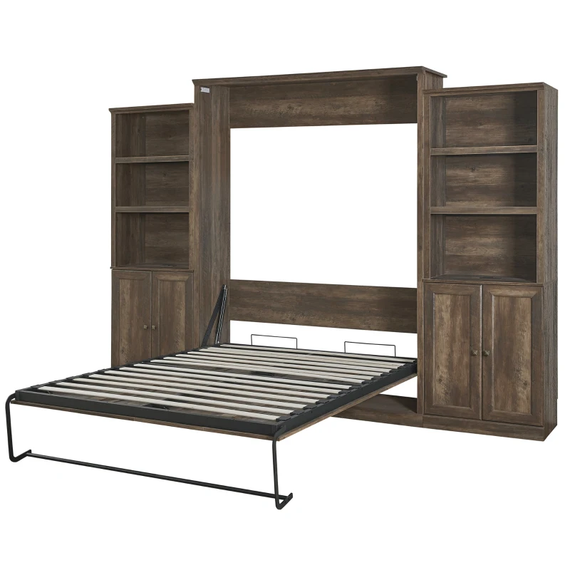 Vinsetto Queen Size Murphy Wall Bed with Dual Piston System, 2 Side Cabinets with Adjustable Shelves and Built-in USB Ports, Space-Saving Design, 800 lbs Weight Capacity, Brown