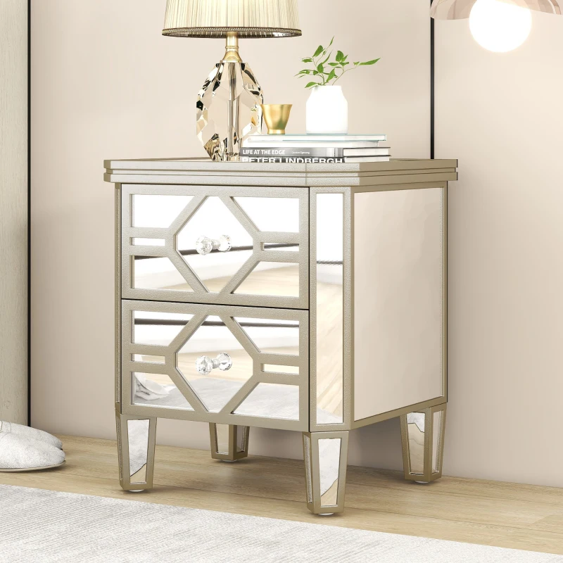 Elegant Mirrored 2-Drawer Side Table with Golden Lines, Crystal Handles, and Arrow-Shape Legs for Living Room, Hallway, Entryway, 19.7" x 15.7" x 21.7", Silver