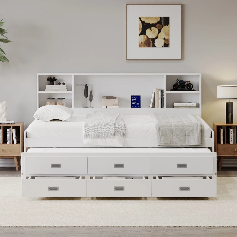 Full Size Captain Daybed with Trundle, Storage Bookcase Headboard, and Three Drawers for Kids and Teens, MDF and Solid Pine Wood Frame, White