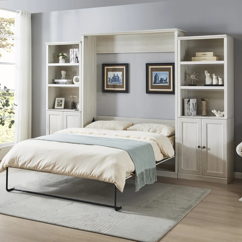Vinsetto Queen Size Murphy Wall Bed with Dual Piston System, 2 Side Cabinets with Adjustable Shelves and Built-in USB Ports, Space-Saving Design, 800 lbs Weight Capacity, Rustic White