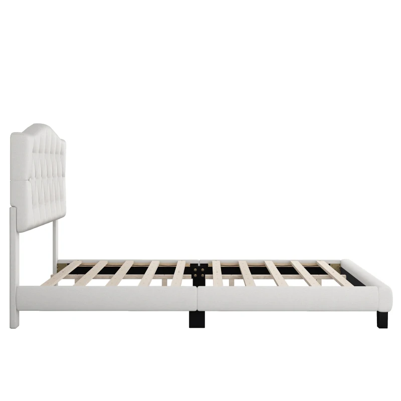 Upholstered Platform Bed with Saddle Curved Headboard and Diamond Tufted Details, King, Solid Wood Frame, No Box Spring Required, 84.25" x 79.13" x 46.46", Beige