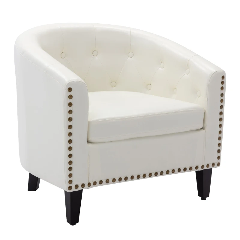 PU Leather Tufted Barrel Chair, Chesterfield-Inspired Design, Rubber Wood Legs,28.3" x 24.0" x 27.5", White