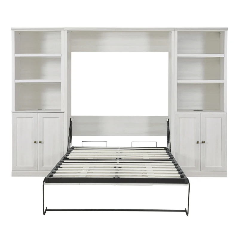 Vinsetto Full Size Murphy Wall Bed with Dual Piston System, 2 Side Cabinets with USB Ports and Shelves, Space-Saving Design, Sturdy Metal Frame, 800 lbs Capacity, Rustic White