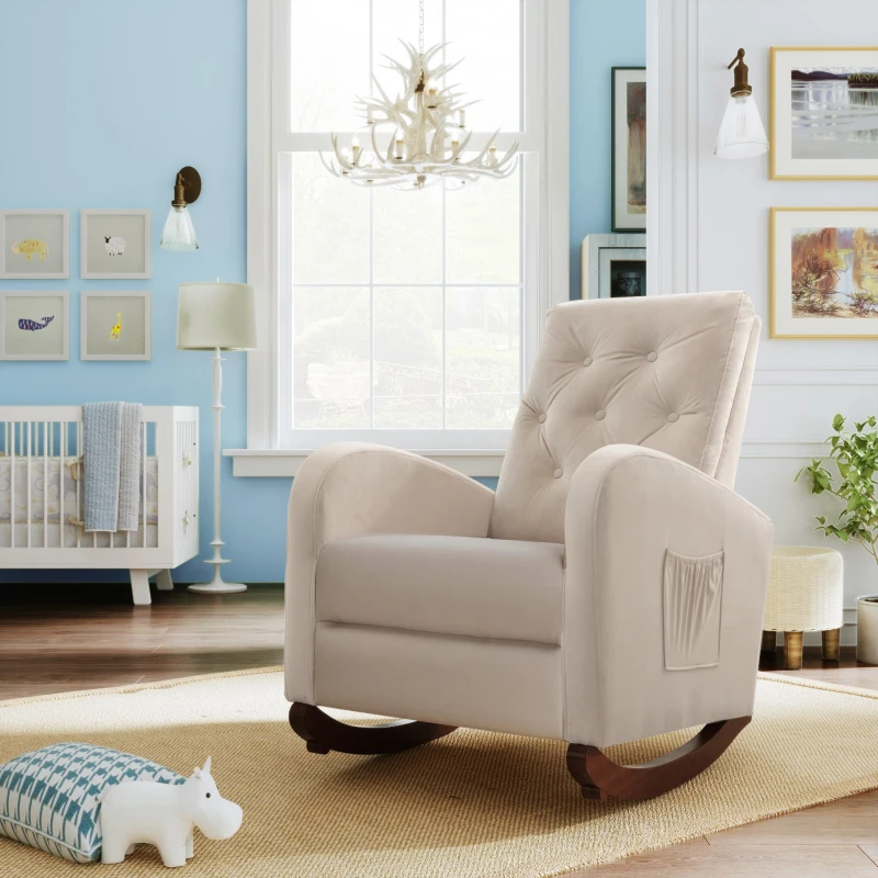Baby Room High Back Rocking Chair, Comfortable Nursery Rocker with Padded Seat, Modern Armchair with Cotton Fabric and Rubber Wood Legs, 26.0" x 40.0" x 37.0", Beige
