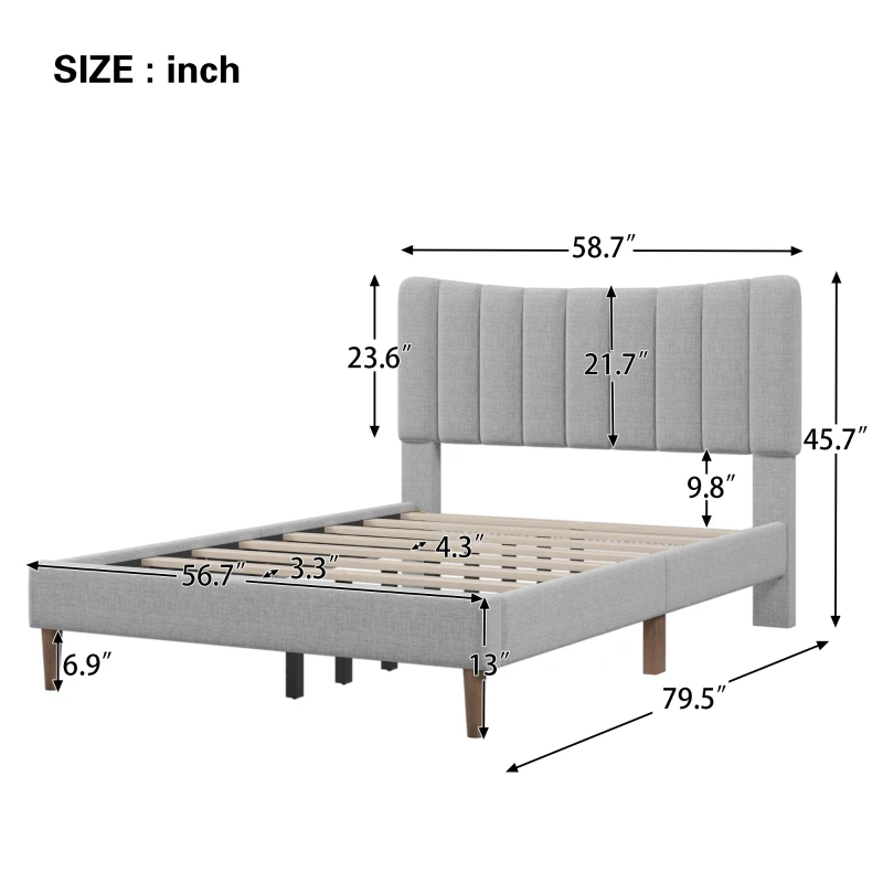 Vinsetto Upholstered Platform Bed Frame with Vertical Channel Tufted Headboard, No Box Spring Needed, Full Size, Durable MDF and Solid Wood Frame, 79.5"x58.7"x45.7", Gray