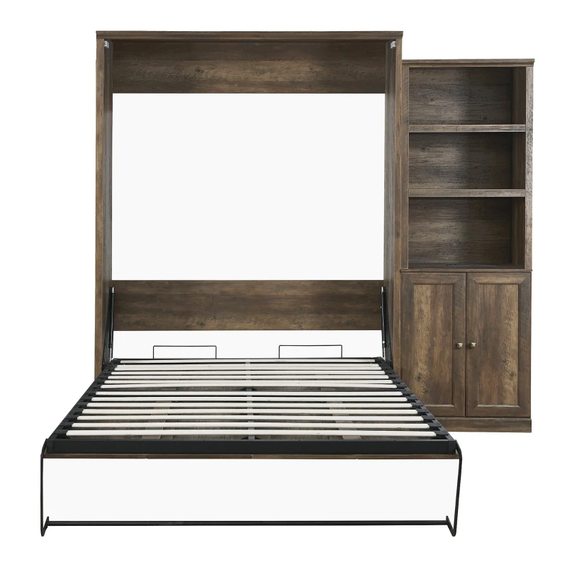 Vinsetto Queen Size Murphy Wall Bed with Side Cabinet, Dual Piston System, Built-in USB Ports, and Ample Storage Shelves, Brown