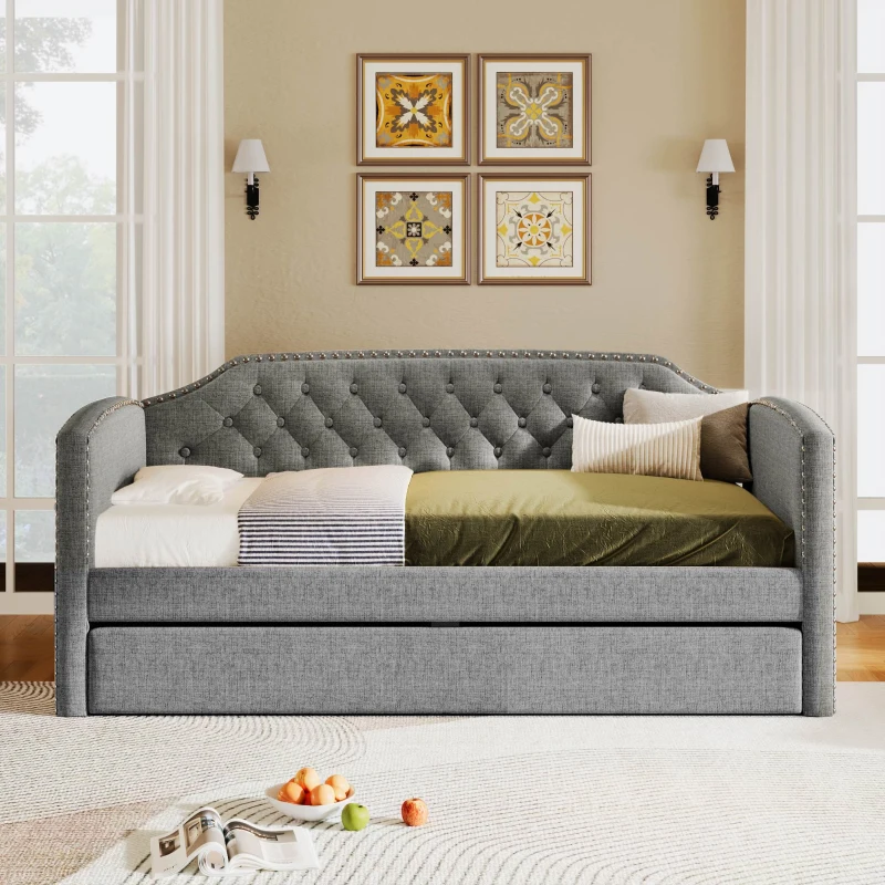 Twin Size Upholstered Daybed with Trundle, Button-Tufted Back, Nailhead Trim, Pine Wood Frame, 79.8"L x 41.0"W x 35.0"H, Gray