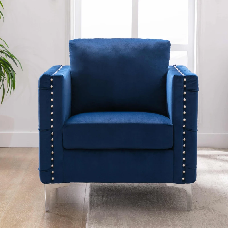 Modern Velvet Armchair, Tufted Button Accent Chair with Steel Legs, Ergonomic Design, 330 LBS Weight Capacity, Velvet Fabric, Navy