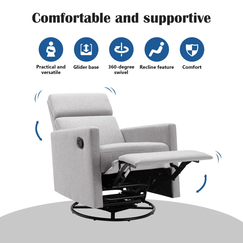 Modern Upholstered Rocker Nursery Chair, Plush Seating Glider Swivel Recliner with Adjustable Recline and Tall Backrest, 33.0" x 25.5" x 37.5", Gray