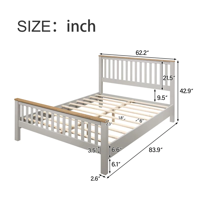 Vinsetto Country Style Solid Queen Size Platform Bed with Oak Top, No Box Spring Needed, , 500 lbs Weight Capacity, Gray