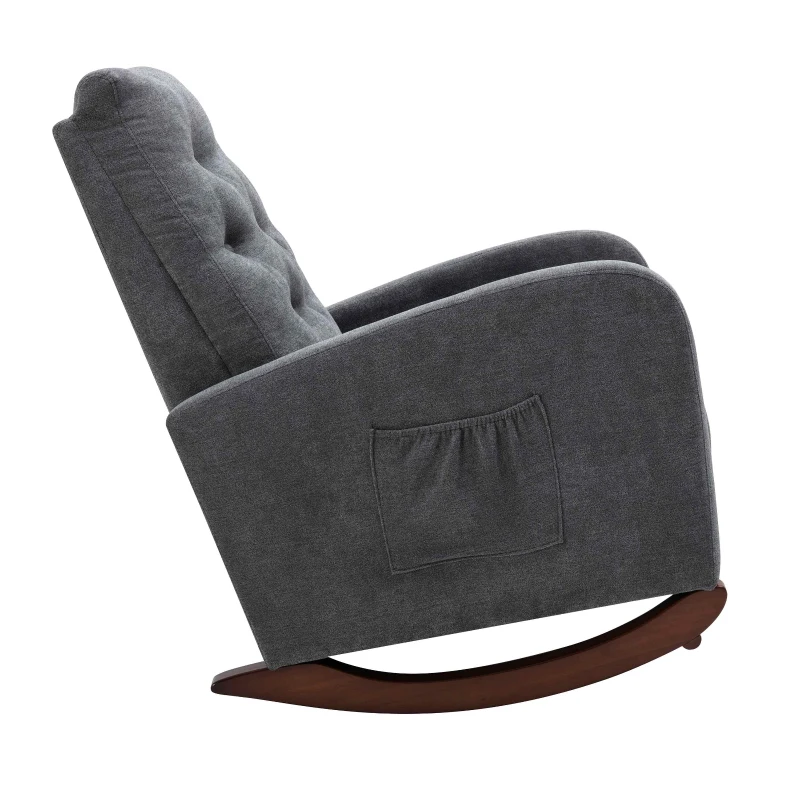 Baby Room High Back Rocking Chair, Comfortable Nursery Rocker with Padded Seat, Modern Armchair with Cotton Fabric and Rubber Wood Legs, 26.0" x 40.0" x 37.0", Dark Grey