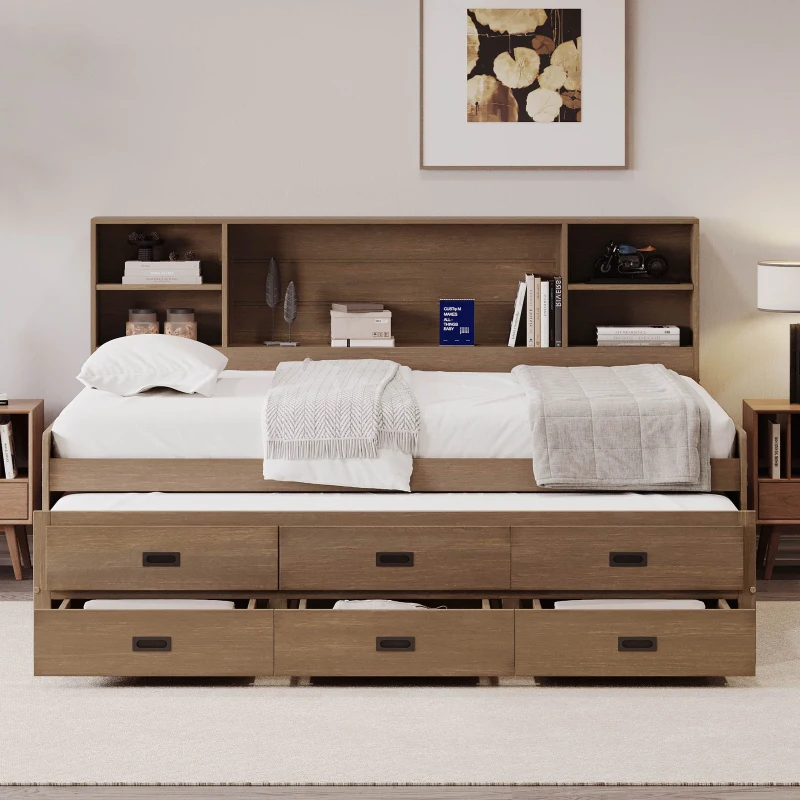 Vinsetto Twin Size Captain DayBed with Trundle, Storage Bookcase Headboard, and Three Drawers for Kids and Teens, MDF and Solid Pine Wood Frame, Walnut