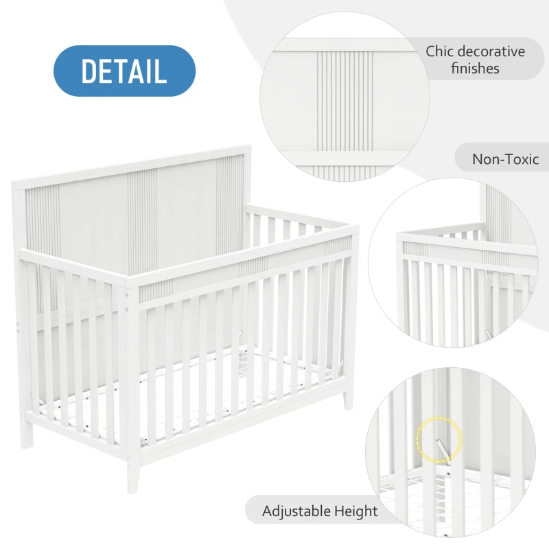 Certified Baby Safe Crib, Pine Solid Wood, Non-Toxic Finish, Adjustable Mattress Height, 53.8" x 27" x 45.1", White
