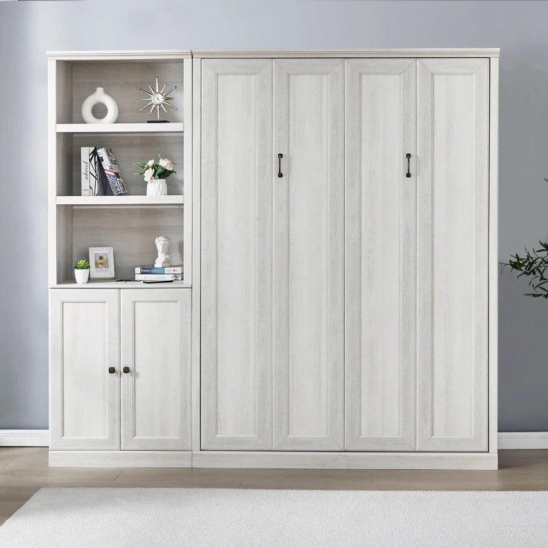 Vinsetto Full Size Murphy Wall Bed with Side Cabinet, Dual Piston System, Built-in USB Ports, and Ample Storage Shelves, Rustic White