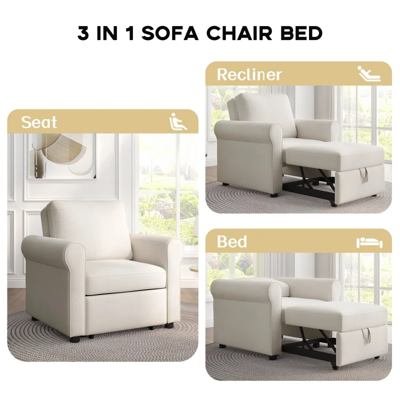 3-in-1 Sofa Bed Chair, Convertible Sleeper with Adjustable Backrest, High Density Foam, and Convenient Wheels, 34"L x33.5"W x33"H, White