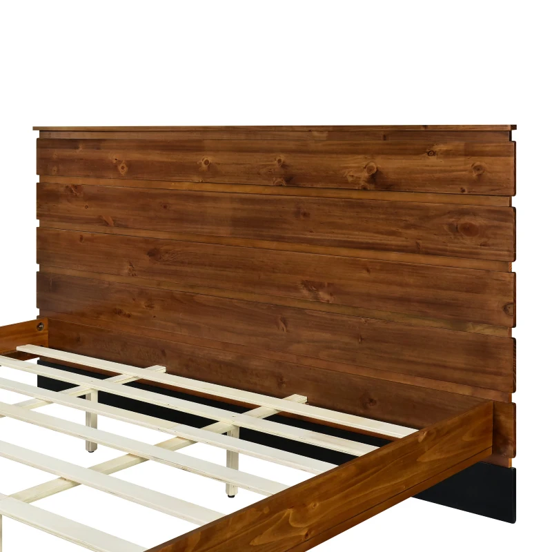 Vinsetto Mid-Century Modern Solid Wood King Bed Frame with Six-Piece Headboard, No Box Spring Needed, Easy Assembly, Brown